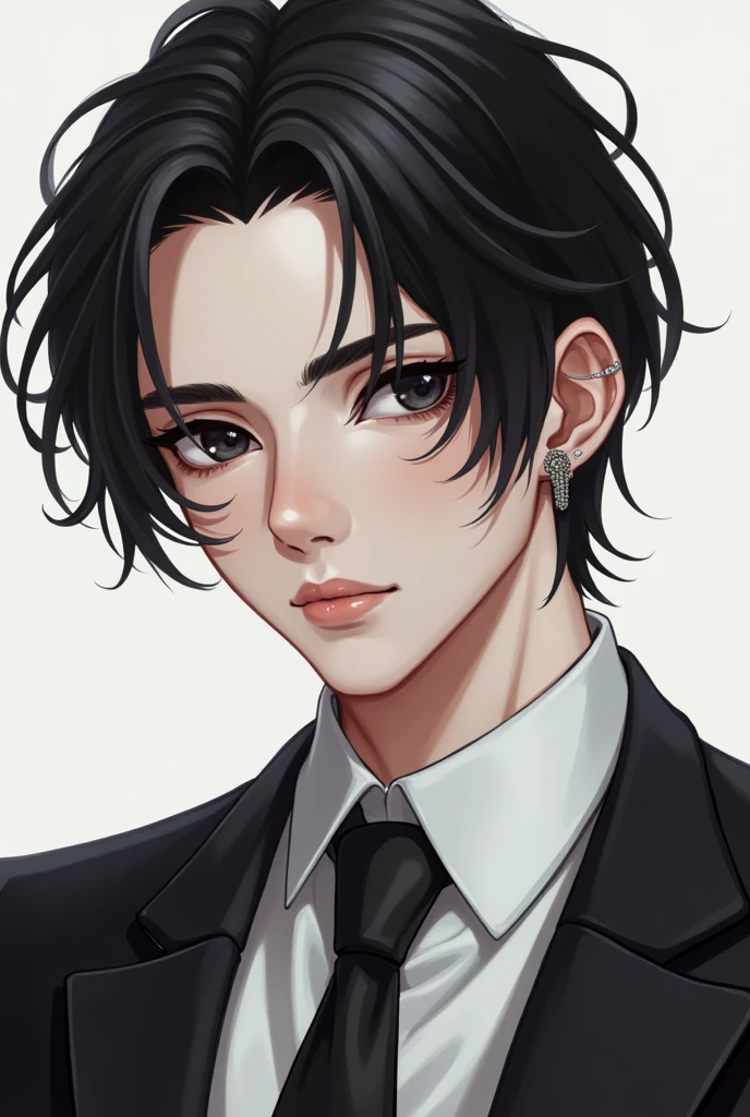 A boy with slightly long black hair, ear piercings, nose, lip, White skin, black eyes, handsome, elegant suit, black tie, white shirt and black pants