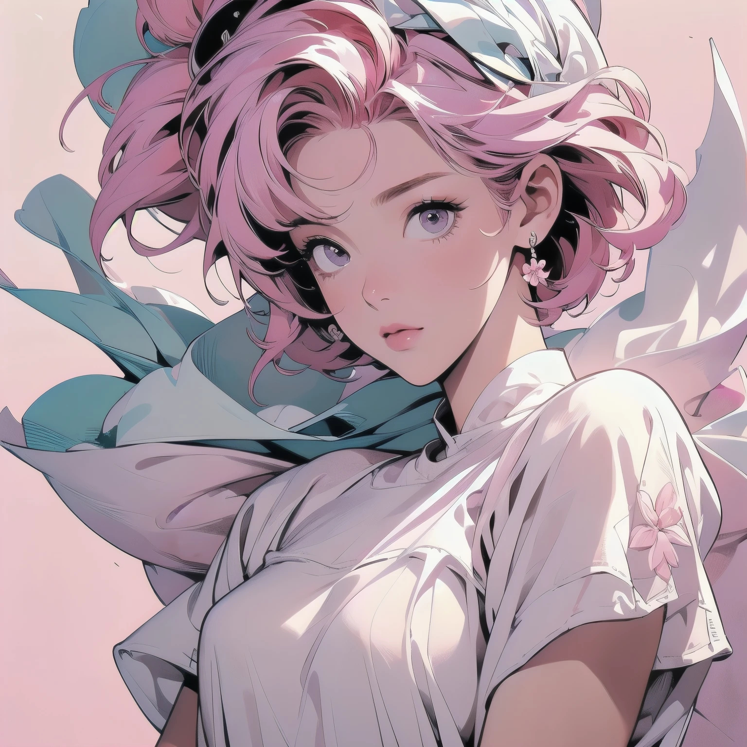 trigun、Persona、Beautiful woman、Movie Posters、Upper Body、Model Pose、mysterious、Small breasts、Short sleeve、(((pink hair))),Lots of flowers、Angel、(((Wear a white cloth on your head)))