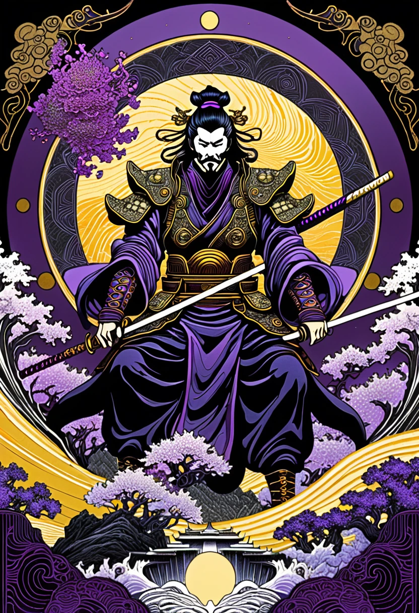 The Warlord, cyberpunk samurai warrior, Scary Garry Trudeau in the style of Hokusai and James Gurney + Black paper with Intricate and vibrant Purple line work:: Tarot Card:: Mandelbulb fractal + Full of Golden layers + Trending on Art, urbancore