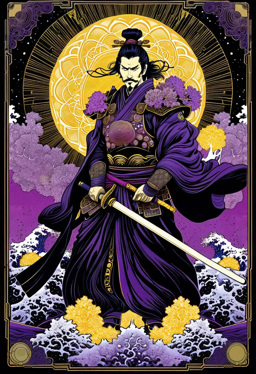 The Warlord, cyberpunk samurai warrior, Scary Garry Trudeau in the style of Hokusai and James Gurney + Black paper with Intricate and vibrant Purple line work:: Tarot Card:: Mandelbulb fractal + Full of Golden layers + Trending on Art, urbancore