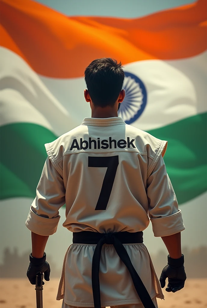 A huge tricolor flag of India is waving. In front of it, karate fighter man is standing facing the flag and on his top garment 'Abhishek' is written and below 'Abhishek' 7 is written. His back is visible, his Don't forget to write your name fag is completely visible and he had hold in his left hand commando Dagger. remember that don't blur flag