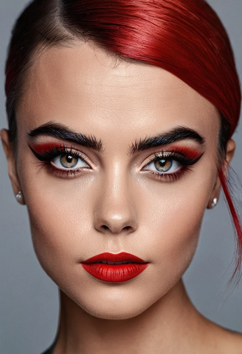 A waist-up portrait of a beautiful female whose face combines features of Cara Delevingne + Ruby Rose. The female has lovely makeup on her face. The female wears red lipstick. Symmetrical eyes. Symmetrical face. Lovely details. Photorealistic. Full-colored photo. Professional photo. Highly detailed 8K.
