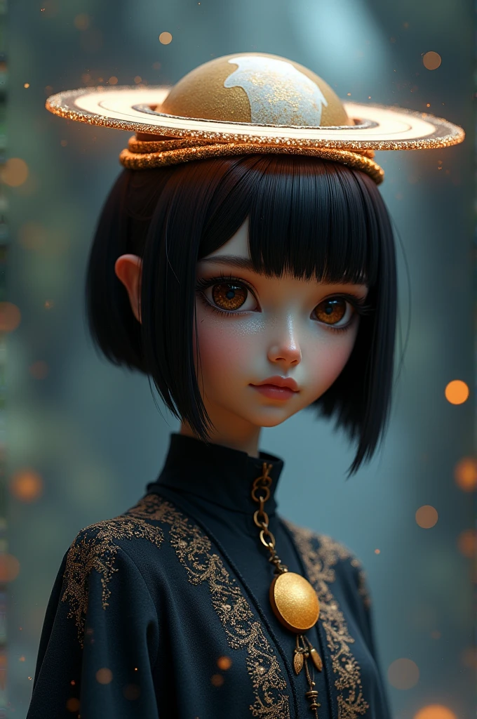 Create a character named Saturn, where the hair is black and short, the eyes are kind of small and black, brown and with the ring of Saturn around his head as if it were a king's crown