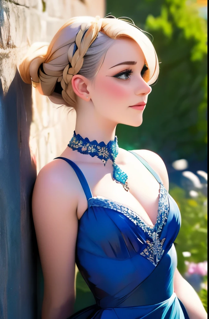 bride  standing in front of a wall with a stone wall, a colorized photo inspired by Hedda Sterne, tumblr, pointillism, 1 9 2 0 s hairstyle, up face with 1 9 2 0 s hairstyle, photographed on colour film, wearing a sparkling dress, close up half body shot, her hair pinned up, wearing a dress made of beads