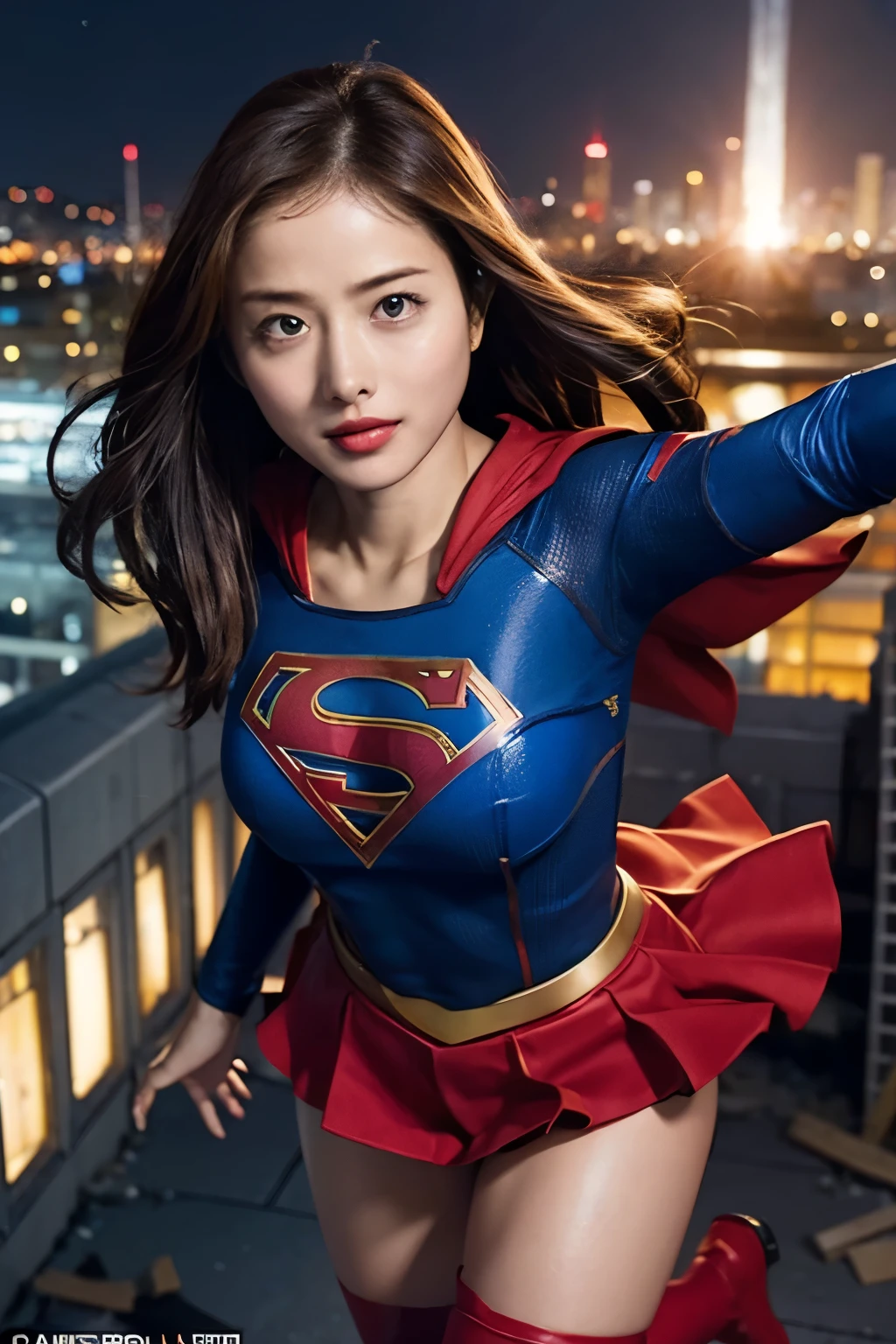 Supergirl, Panty shot, Fighting a strong enemy, Looking at the front camera, Flying in the sky, A serious and determined look, Aerial, Above the destroyed skyscrapers at night, Night view, whole body, The red skirt is flipped up, the wind is strong, Thighs, Beautiful feet, Red Boots, imminent threat, A little dark tone
