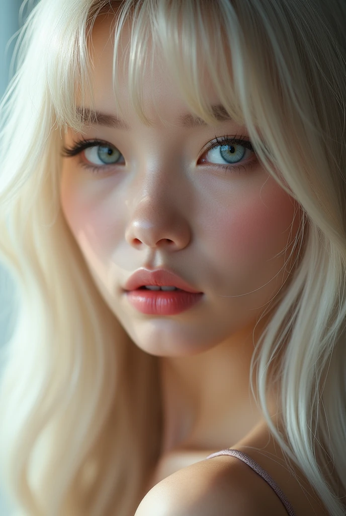 Vr , (a closeup:1.4)、(RAW shooting:1.2)、(Photorealsitic:1.4)、(masterpiece:1.3)、(top-quality:1.4)、bright expression、extremely beautyful girl、Extraordinary beautiful girl、Detailed cute and beautiful face、Beautiful bangs、Glowing white shiny skin、facial hairs、Bangs that extend to the face、Bangs between the eyes、Super long hair、Attractive light and dark platinum blonde super long straight silky hainer hair、Attractive glowing beautiful bright clear light blue big eyes、Luxurious dresses、Double eyelids、Lush bust、The upper part of the body、
