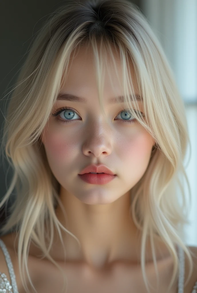 Vr porn, (a closeup:1.4)、(RAW shooting:1.2)、(Photorealsitic:1.4)、(​masterpiece:1.3)、(top-quality:1.4)、bright expression、extremely beautyful girl、Extraordinary beautiful girl、Detailed cute and beautiful face、Beautiful bangs、Glowing white shiny skin、facial hairs、Bangs that extend to the face、Bangs between the eyes、Super long hair、Attractive light and dark platinum blonde super long straight silky hainer hair、Attractive glowing beautiful bright clear light blue big eyes、Luxurious dresses、Double eyelids、Lush bust、The upper part of the body、