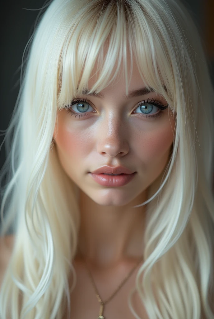 Vr porn, (a closeup:1.4)、(RAW shooting:1.2)、(Photorealsitic:1.4)、(masterpiece:1.3)、(top-quality:1.4)、bright expression、extremely beautyful girl、Extraordinary beautiful girl、Detailed cute and beautiful face、Beautiful bangs、Glowing white shiny skin、facial hairs、Bangs that extend to the face、Bangs between the eyes、Super long hair、Attractive light and dark platinum blonde super long straight silky hainer hair、Attractive glowing beautiful bright clear light blue big eyes、Luxurious dresses、Double eyelids、Lush bust、The upper part of the body、
