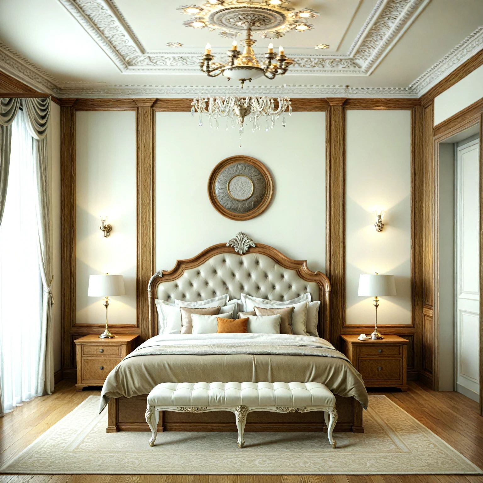 RAW photo, masterpiece, a view of a ( Bed ROOM :1.3) with a couch, chairs, and a chandelier, highly detailed interior, neo - classical style, neoclassical style, neoclassicism style, interior architect architectural visualization, neoclassical style, in style of classicism, white light sun, rendered in vray, rendered in v-ray, rendered in unreal engine 3d, (photorealistic:1.2), (photorealistic:1.5), best quality, ultra high res, architechture, (leather sofa detail:1.5), neoclassic house, (detailed railing neoclassic:1.5), luxury neoclassical villa, (mable floor details:1.5), (detailed neoclassical carpet:1.5), in the style of neoclassical scene, glass windows, best quality, (Intricate lines:1.5), ((Photorealism:1.5)),(((hyper detail:1.5))), archdaily, award winning design, (dynamic light:1.3), (day light:1.2), (perfect light:1.3), (shimering light :1.4), refection glass windows, (curved line architecture arch:1.2), photorealistic, FKAA, TXAA, RTX, SSAO, Post Processing, Post-Production, CGI, VFX, SFX, Full color,((Unreal Engine 5)), Canon EOS R5 Camera + Lens RF 45MP full-frame CMOS sensor, HDR, Realistic, Cinematic intricate detail, extreme detail, science, hyper-detail, FKAA, super detail, super realistic, crazy detail, intricate detail, nice color grading, reflected light on glass, eye-catching wall lights, unreal engine 5, octane render, cinematic, trending on artstation, High-fidelity, Viwvid, Crisp, Sharp, Bright, Stunning, ((Lifelike)), Natural, ((Eye-catching)), Illuminating, Flawless, High-quality,Sharp edge rendering, medium soft lighting, photographic render, detailed archviz, ((( BRIGHT WHITE  Tone : 3 ))), (( reddish- CARROT doussie wood : 1.5))
