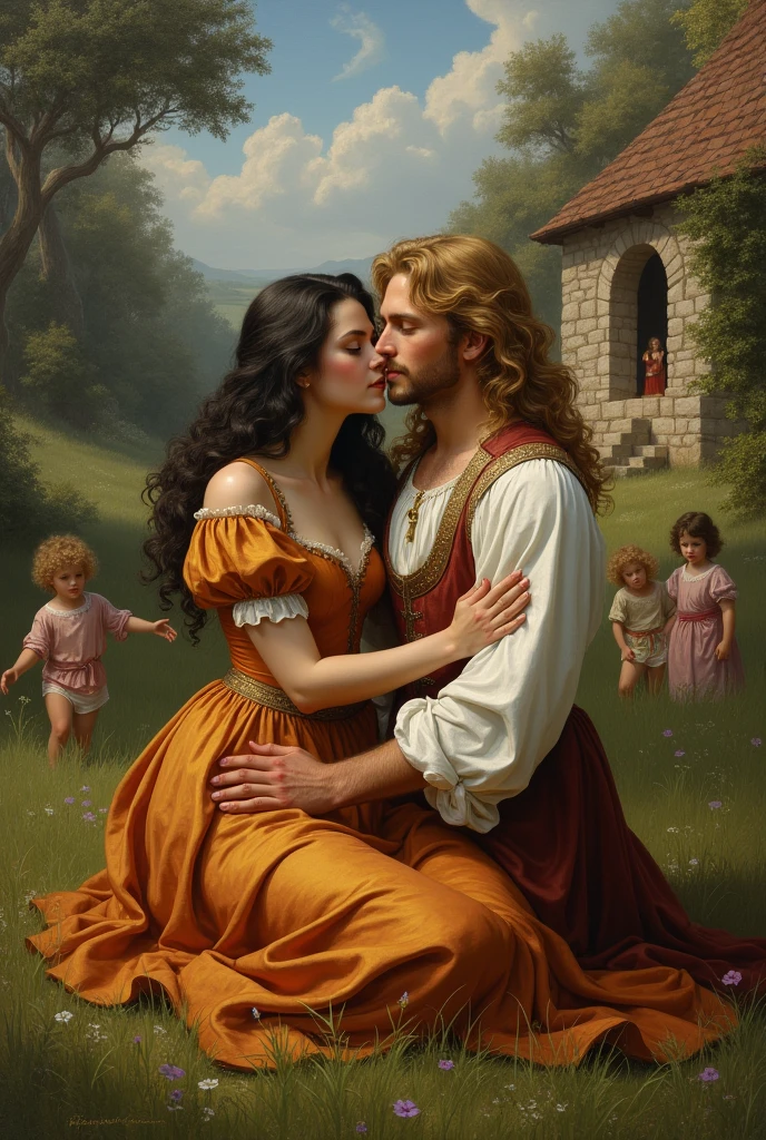 Renaissance painting of a dark-haired princess with long, curly hair and a yellow-haired prince, hugging in a field, several children around you, in the background a small comfortable stone house , smoke comes out of your chimney