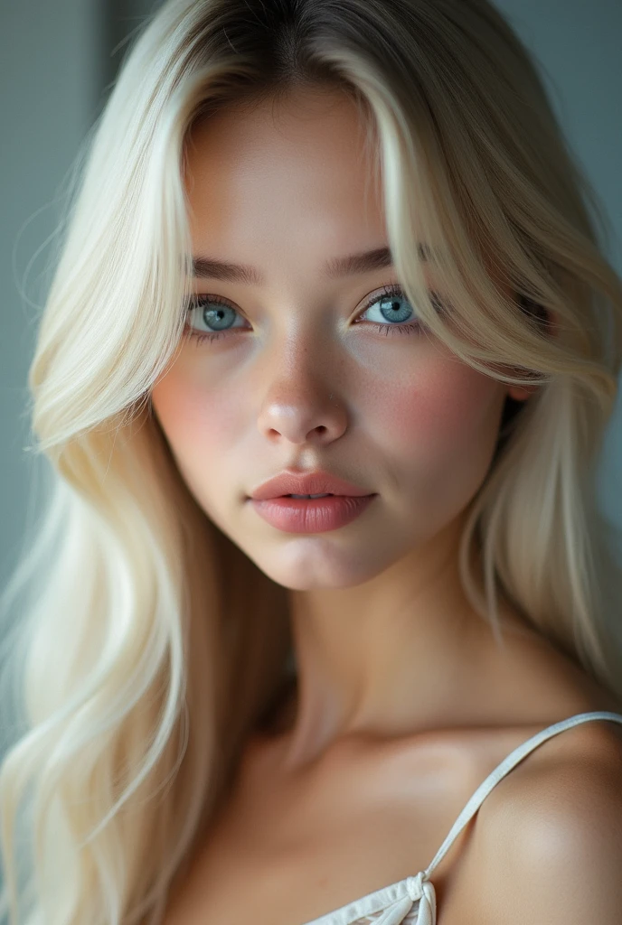 Vr porn, (a closeup:1.4)、(RAW shooting:1.2)、(Photorealsitic:1.4)、(masterpiece:1.3)、(top-quality:1.4)、bright expression、extremely beautyful girl、Extraordinary beautiful girl、Detailed cute and beautiful face、Beautiful bangs、Glowing white shiny skin、facial hairs、Bangs that extend to the face、Bangs between the eyes、Super long hair、Attractive light and dark platinum blonde super long straight silky hainer hair、Attractive glowing beautiful bright clear light blue big eyes、Luxurious dresses、Double eyelids、Lush bust、The upper part of the body、