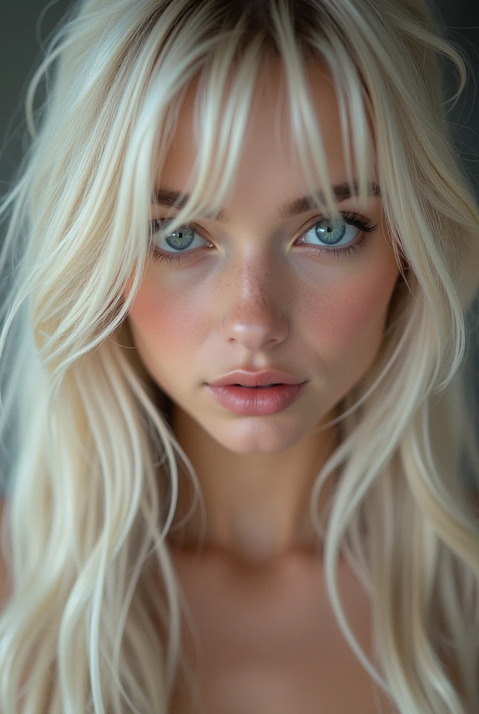 Vr porn, (a closeup:1.4)、(RAW shooting:1.2)、(Photorealsitic:1.4)、(masterpiece:1.3)、(top-quality:1.4)、bright expression、extremely beautyful girl、Extraordinary beautiful girl、Detailed cute and beautiful face、Beautiful bangs、Glowing white shiny skin、facial hairs、Bangs that extend to the face、Bangs between the eyes、Super long hair、Attractive light and dark platinum blonde super long straight silky hainer hair、Attractive glowing beautiful bright clear light blue big eyes、Luxurious dresses、Double eyelids、Lush bust、The upper part of the body、
