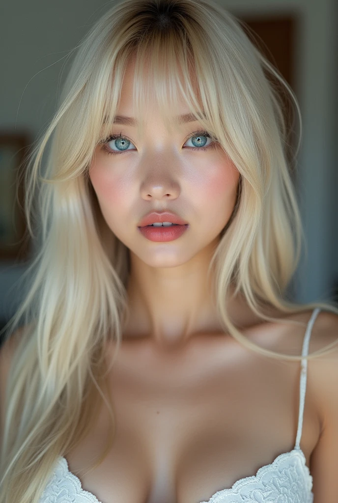Vr porn, (a closeup:1.4)、(RAW shooting:1.2)、(Photorealsitic:1.4)、(masterpiece:1.3)、(top-quality:1.4)、bright expression、extremely beautyful girl、Extraordinary beautiful girl、Detailed cute and beautiful face、Beautiful bangs、Glowing white shiny skin、facial hairs、Bangs that extend to the face、Bangs between the eyes、Super long hair、Attractive light and dark platinum blonde super long straight silky hainer hair、Attractive glowing beautiful bright clear light blue big eyes、Luxurious dresses、Double eyelids、Lush bust、The upper part of the body、