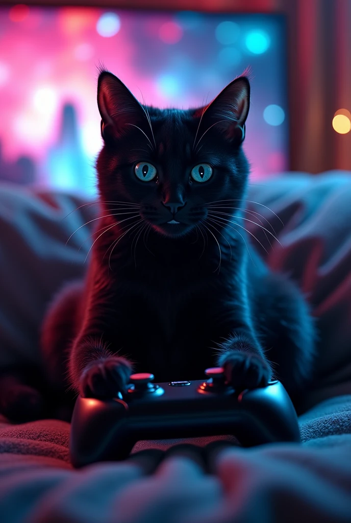 A black cat playing video games
