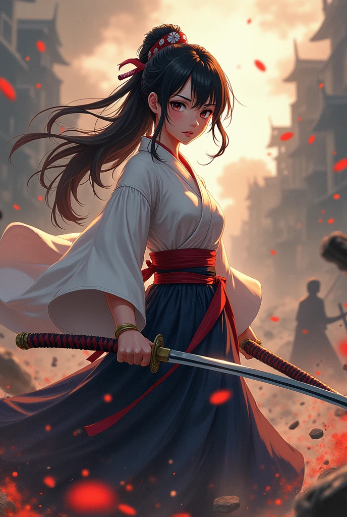 an anime style girl, holding a katana in war