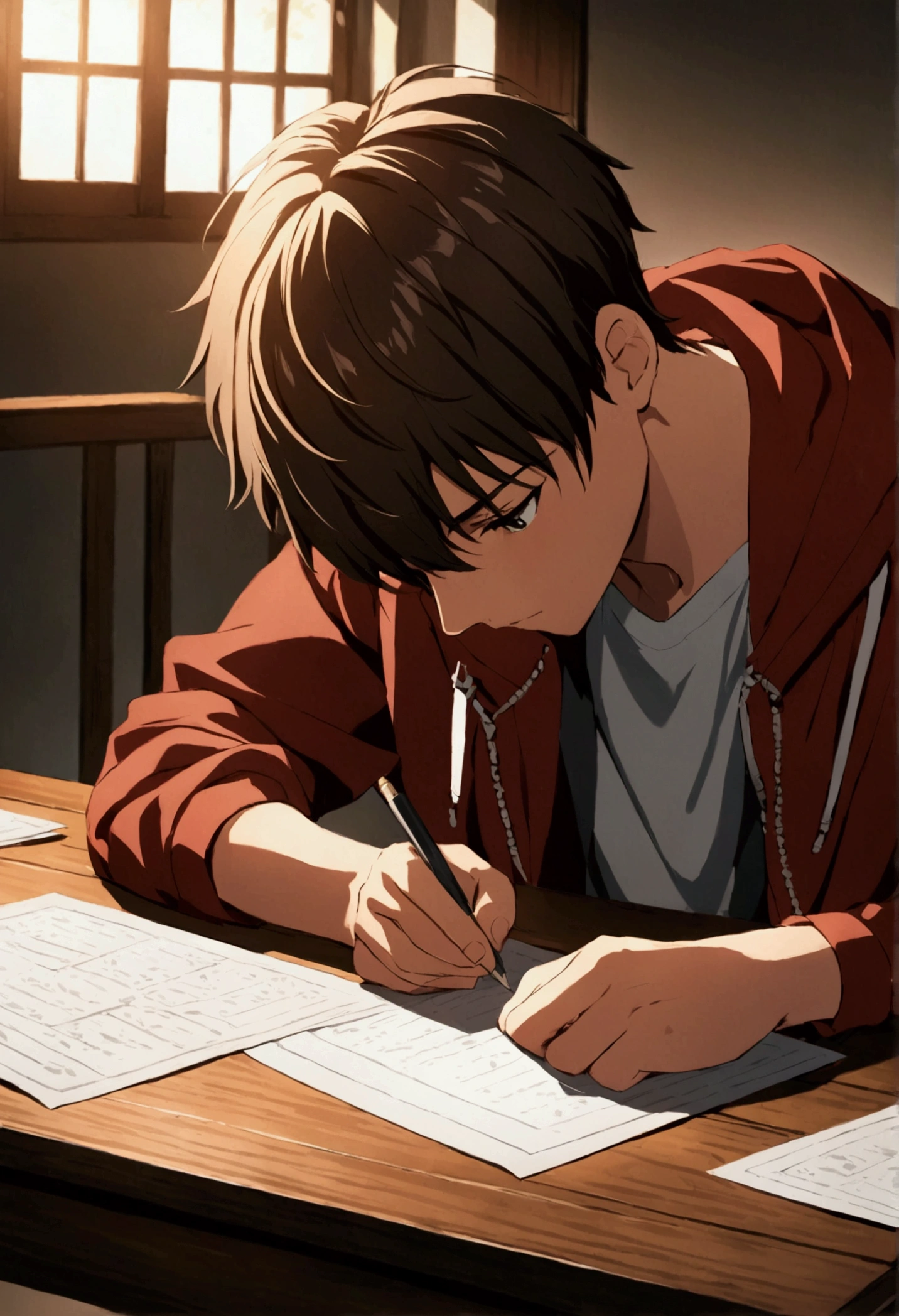 The teenager boy writing something on the table on his paper. Face looks down. Anime appearance. Taken from upside.