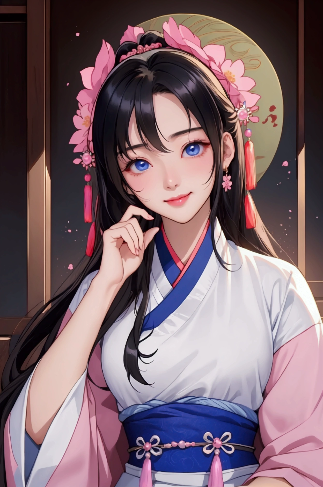 (Highest quality、 8k 、masterpiece、High resolution)、(Chinese Drama、Changgexing、Li Changge、Dililaba)、Tang Dynasty、Changan、1 Female、Beautiful young person、blue eyes、Pretty lips、(Anime Beauty)、(Anime Art)、Smiling and posing happily、Bright atmosphere、Light colored long hair、Light pink Hanfu、古いChanganの街並み、Official Art、Detailed CG、