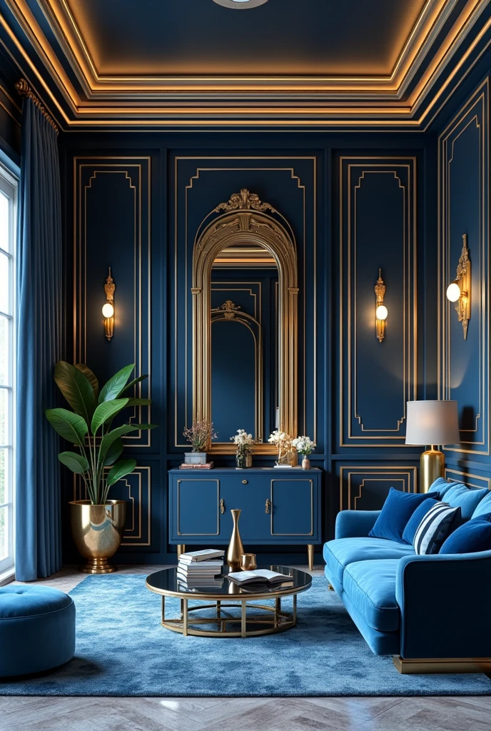 art deco living room
blue gold white and black