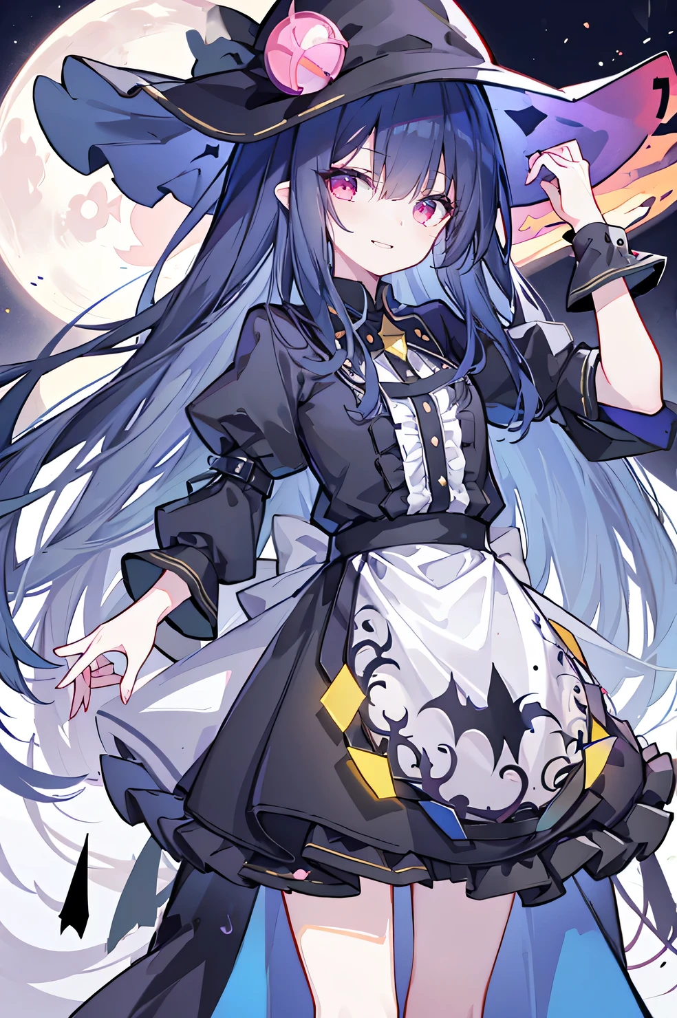 oung Girls,Humanity,A magician always smiles,big witch hat,cute,dark blue long hair,The eyes are dull,The bangs are heavy,Thin eyebrows,fantasy,intake,Double teeth,Star Theme,Constellation pattern,Solid color clothetal decoration,cloak,A bit of a dark atmosphere,A little crazy smile,When the big moon shines outside at night,blood,Hair black star embellishment,Short tie,No nails,High waist skirt,Bell sleeves,Long-sleeved shirt,Black tie,low risk,gentlemen。Mist、Yellow and white effect，Shocking pink as an accent color