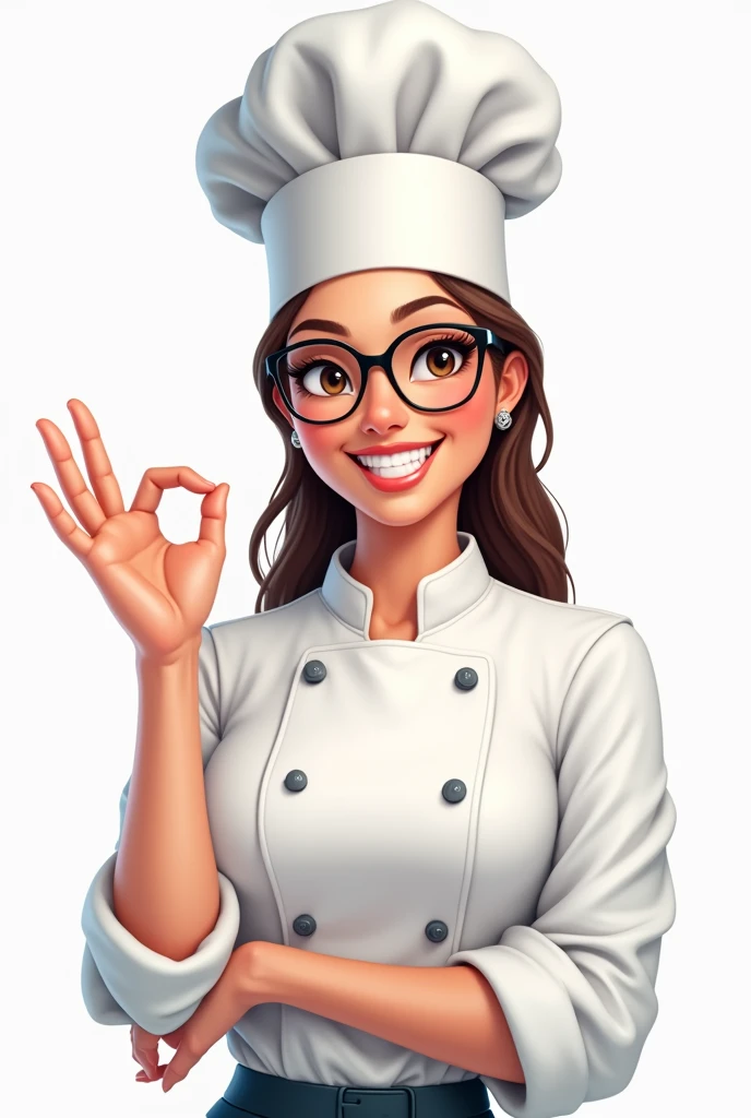Food business logo icon with A female chef with hand sign okay, confidence, wearing chef hat and glasses