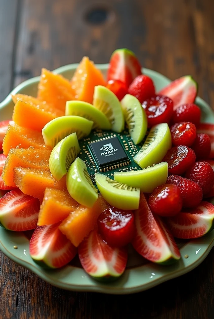An image of a colorful fruit salad arranged in a fancy dish, with the Nvidia GPU placed in the center as a decorative element, (computer chip in center),original, buah dengan cipratan air, segar