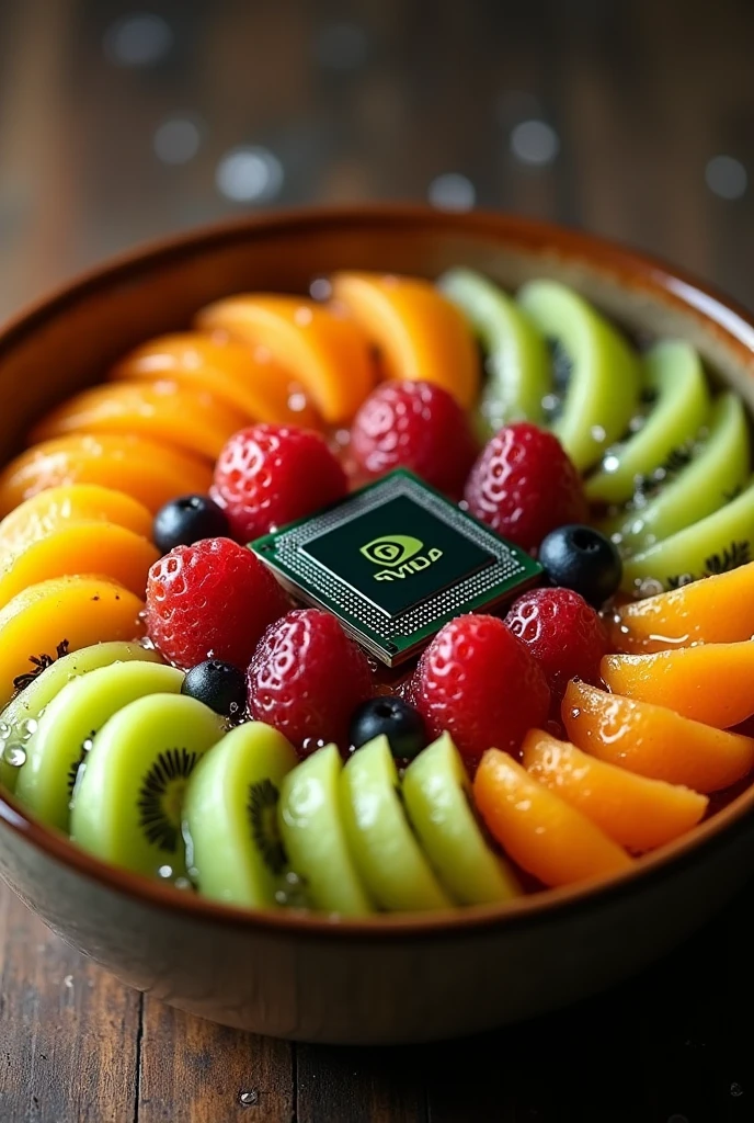 An image of a colorful fruit salad arranged in a fancy dish, with the Nvidia GPU placed in the center as a decorative element, (computer chip in center),original, buah dengan cipratan air, segar