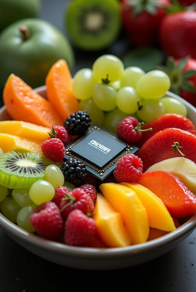 An image of a colorful fruit salad arranged in a fancy dish, with the Nvidia GPU placed in the center as a decorative element, (computer chip in center),original, buah dengan cipratan air, segar