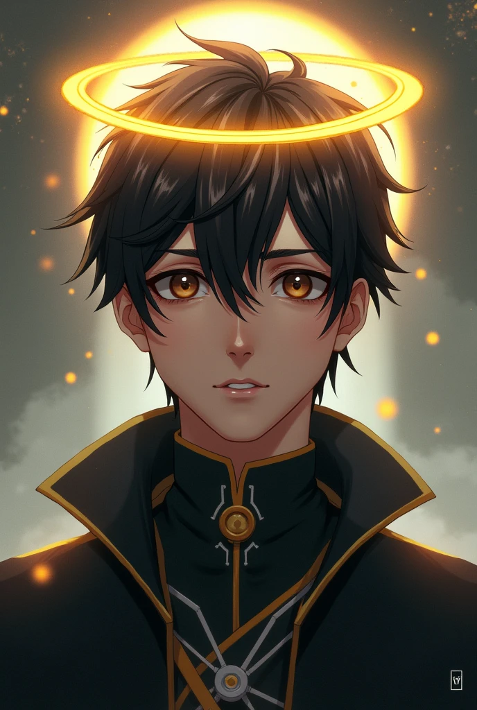 Create a male character named Saturn, where the hair is black and short, the eyes are kind of small and black, brown and with the ring of Saturn around his head as if it were a king's crown