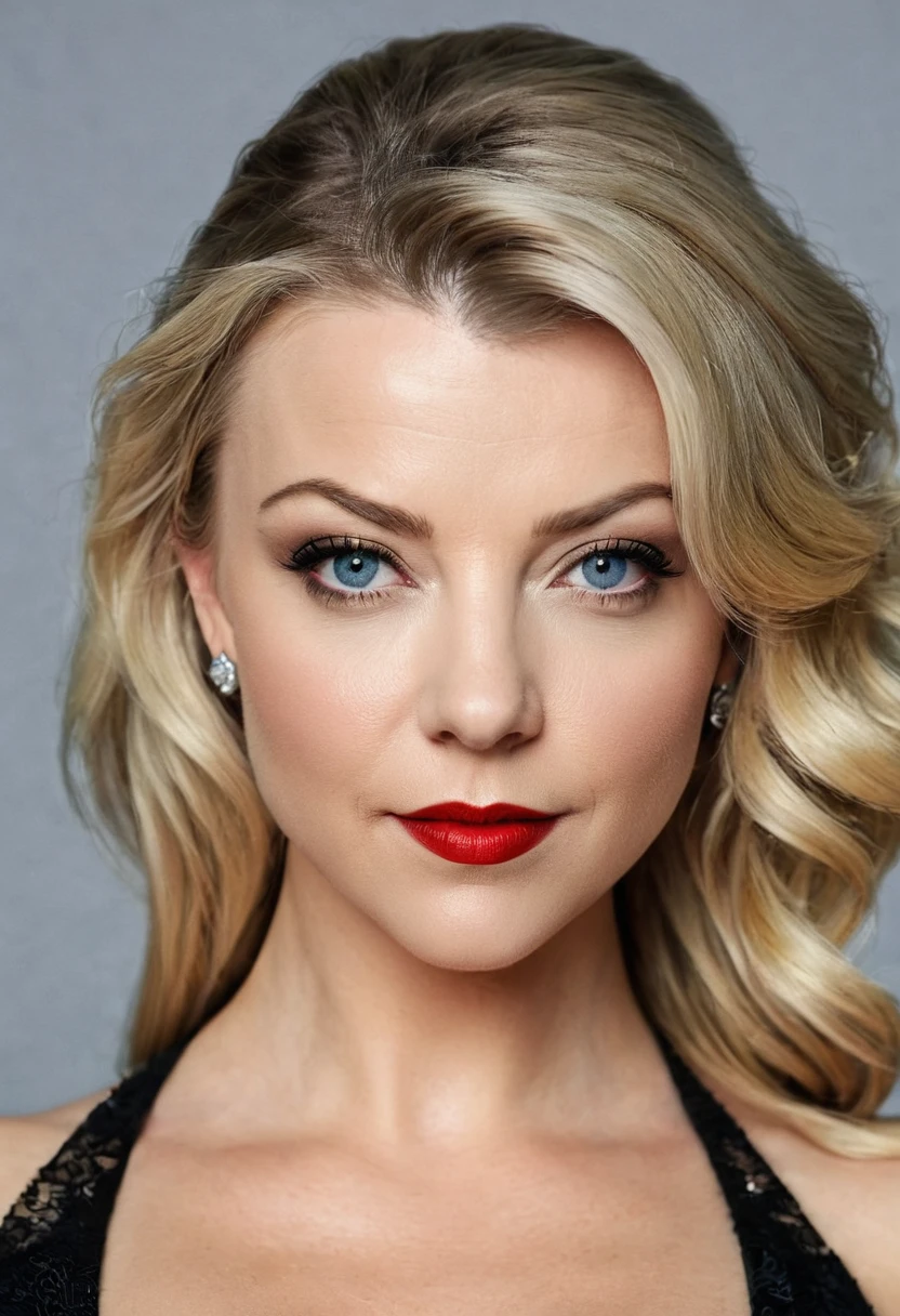 A waist-up portrait of a beautiful female whose face combines features of Natalie Dormer + Silvia Saint. The female has lovely makeup on her face. The female wears red lipstick. Symmetrical eyes. Symmetrical face. Lovely details. Photorealistic. Full-colored photo. Professional photo. Highly detailed 8K.