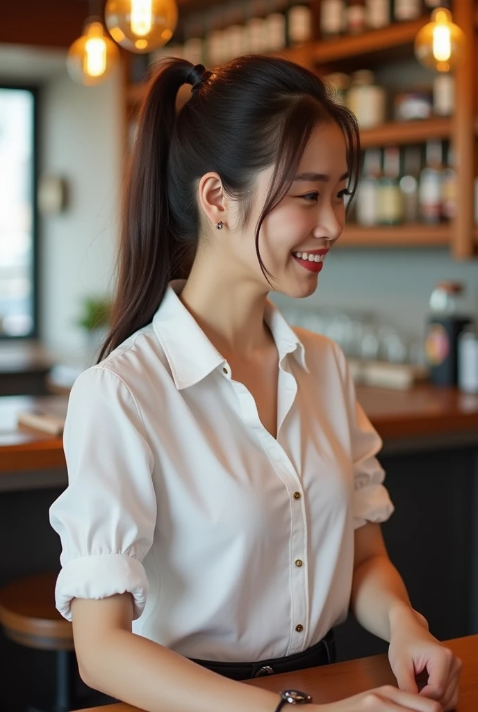 Young Japanese Woman bartender ponytail White blouse cute