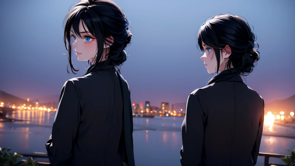 1 Girl, medium light black hair, light blue eyes , wearing black Suit 4D , night TOWN , high res, ultrasharp, 8K, masterpiece, looking from behind