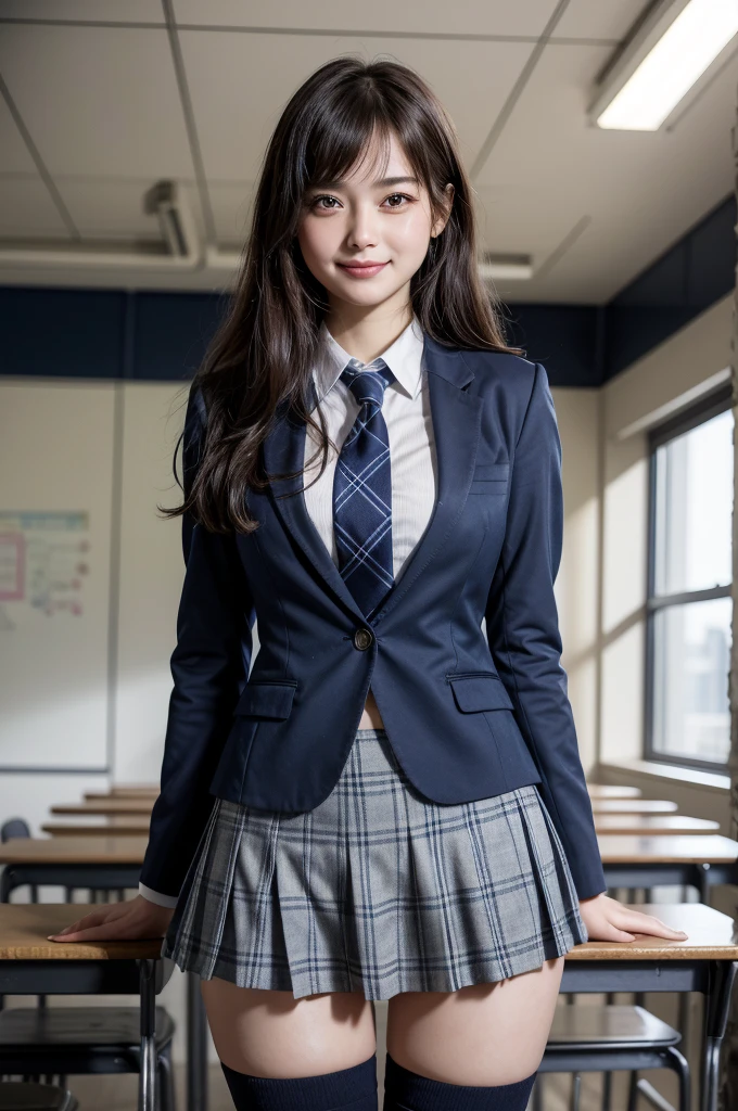 Girl standing in a school classroom,Blue tie uniform,Dark Blue Blazer,Blue plaid skirt,18-year-old,bangs,Smile a little,Thighs,knees,From below, Navy blue knee socks, Long Hair, Black Hair, Highest quality, masterpiece, High resolution, Ultra high definition,