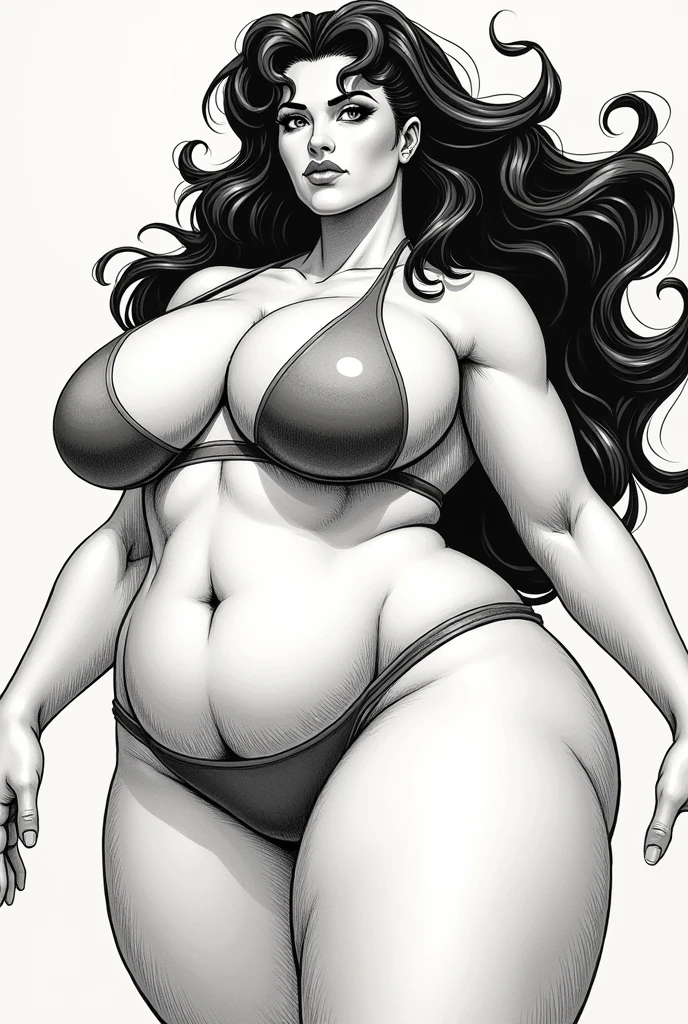 a close up of a massurrealism of a woman in a bikini, concept art inspired by Masamune Shirow, pixiv, process art, oppai proportions, thicc, oppai, thick body, powerful and huge, strong fat bacchanalian body, extremely detailed woman, thick black lineart, giantess art, muscular!!, commission for high res