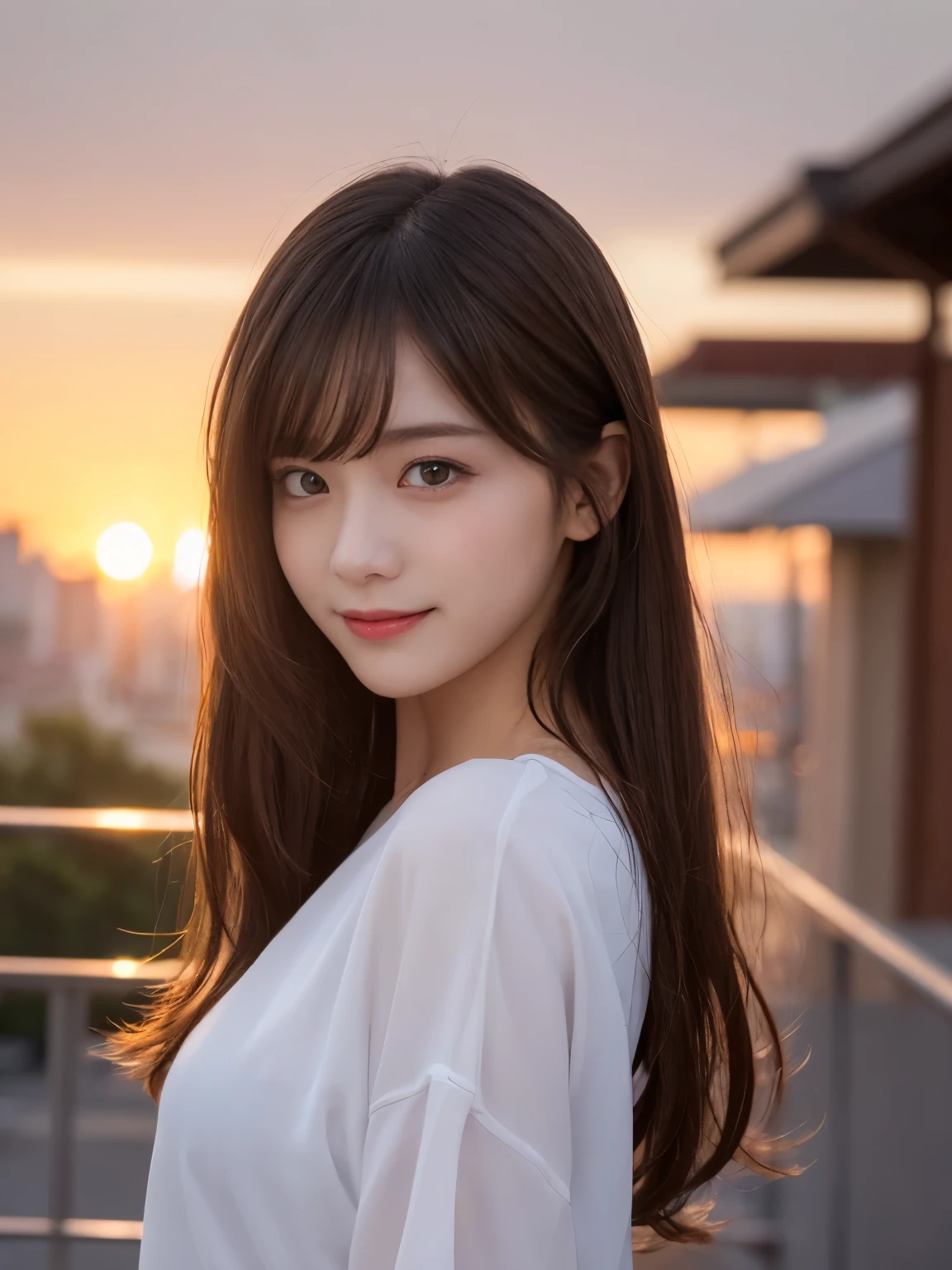 Look here and smile, background inside the sunset city, Colorful summer clothes, masterpiece, Best Quality, Ultra-detailed, finely detail, hight resolution, 8K Wallpaper, Perfect dynamic composition, Beautiful detailed eyes, Sexy face, Brown long hair, Random body orientation,