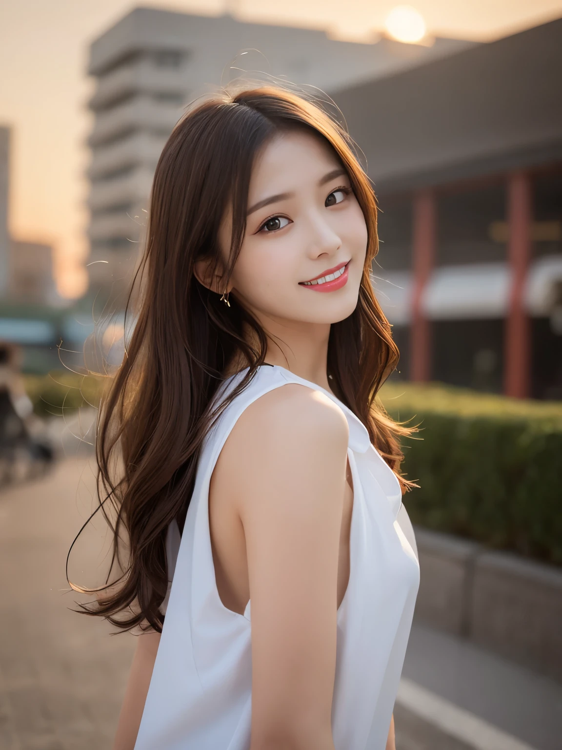 Look here and smile, background inside the sunset city, Colorful summer clothes, masterpiece, Best Quality, Ultra-detailed, finely detail, hight resolution, 8K Wallpaper, Perfect dynamic composition, Beautiful detailed eyes, Sexy face, Brown long hair, Random body orientation,