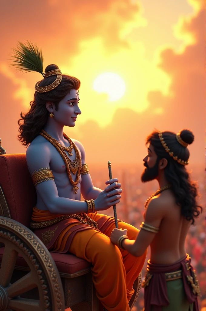In cinematic 3d cartoon style " Depict Lord Krishna, seated on the chariot, offering profound counsel to Arjuna. Krishna is shown in divine form with a serene and wise expression, while Arjuna listens intently. The background should feature the chaos of the battlefield, contrasting with the calm between Krishna and Arjuna."