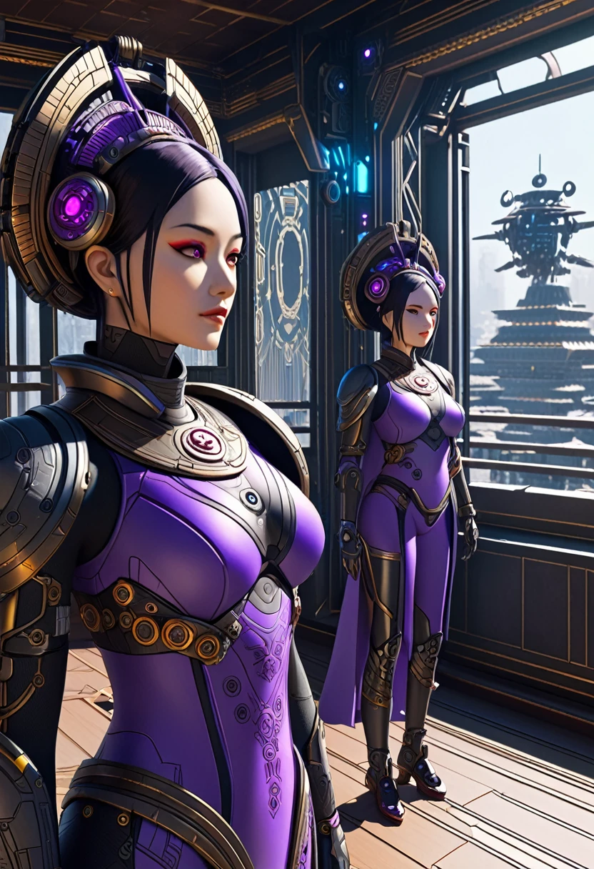 two women in costumes are standing in a room, as lady mechanika, static Prometheus frame, purple body paint, cyberpunk ornaments, Aztec Empress, cinematic details, guards, balcony scene, solarpunk, by Leon Wyczółkowski, sisters, Japanese cgi, Kazakh empress, character close-up