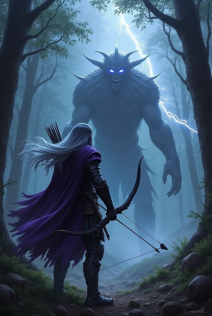  Raven, a dark elf in deep purple leather armor, stands in a dense forest, his silver hair flowing in the wind. He wields a black bow and prepares to unleash his "Stormbringer Arrow" against a giant monster. The scene highlights the lightning power of his arrow as it strikes the enemy, surrounded by the dark, foreboding forest and flashes of lightning. The forest is shrouded in shadows and illuminated by the storm, creating a dramatic and intense atmosphere.