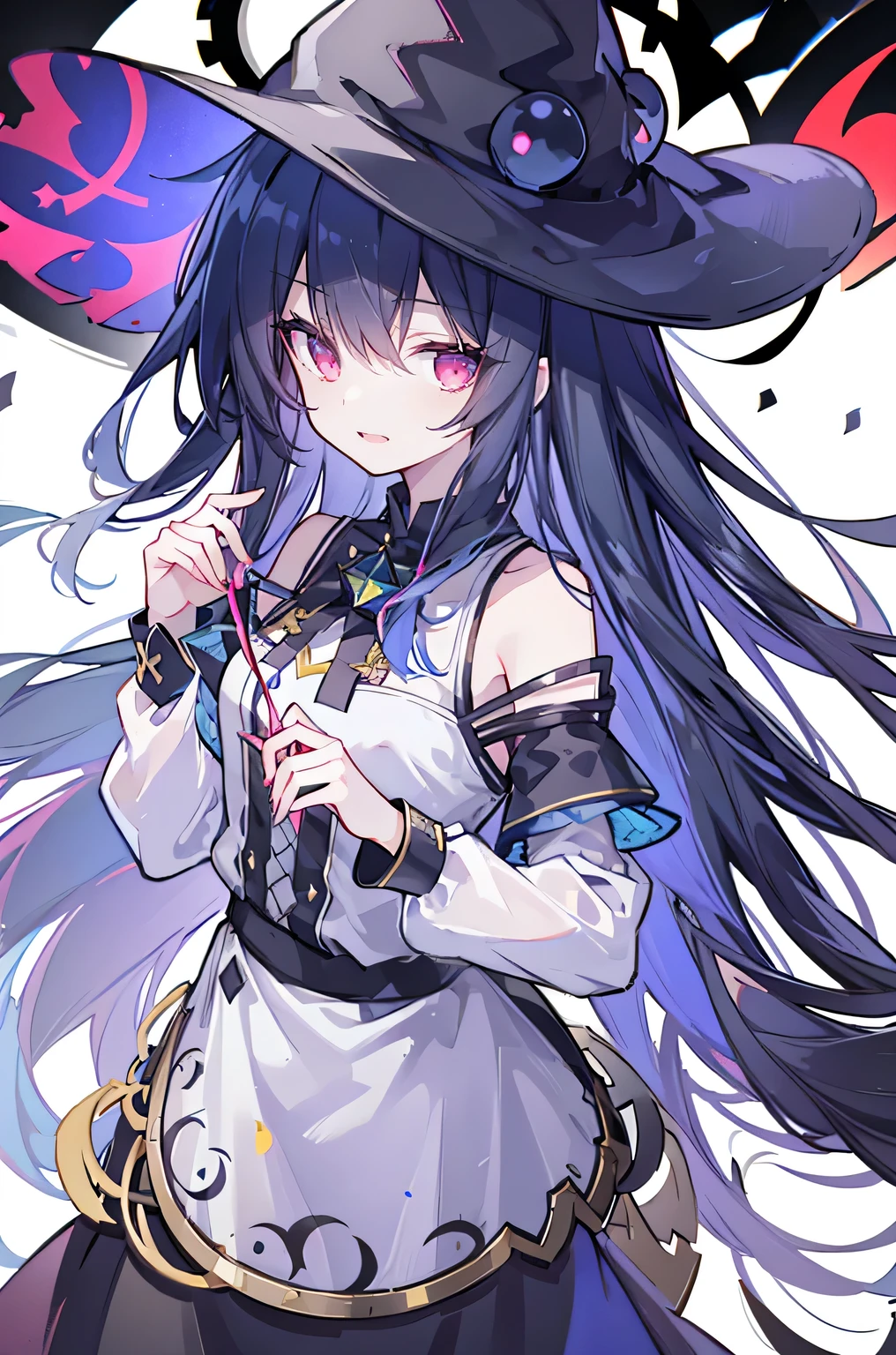 oung Girls,Humanity,A magician always smiles,big witch hat,cute,dark blue long hair,The eyes are dull,The bangs are heavy,Thin eyebrows,fantasy,intake,Double teeth,Star Theme,Constellation pattern,Solid color clothetal decoration,cloak,A bit of a dark atmosphere,A little crazy smile,When the big moon shines outside at night,blood,Hair black star embellishment,Short tie,No nails,High waist skirt,Bell sleeves,Long-sleeved shirt,Black tie,low risk,gentlemen。Mist、Yellow and white effect，Shocking pink as an accent color