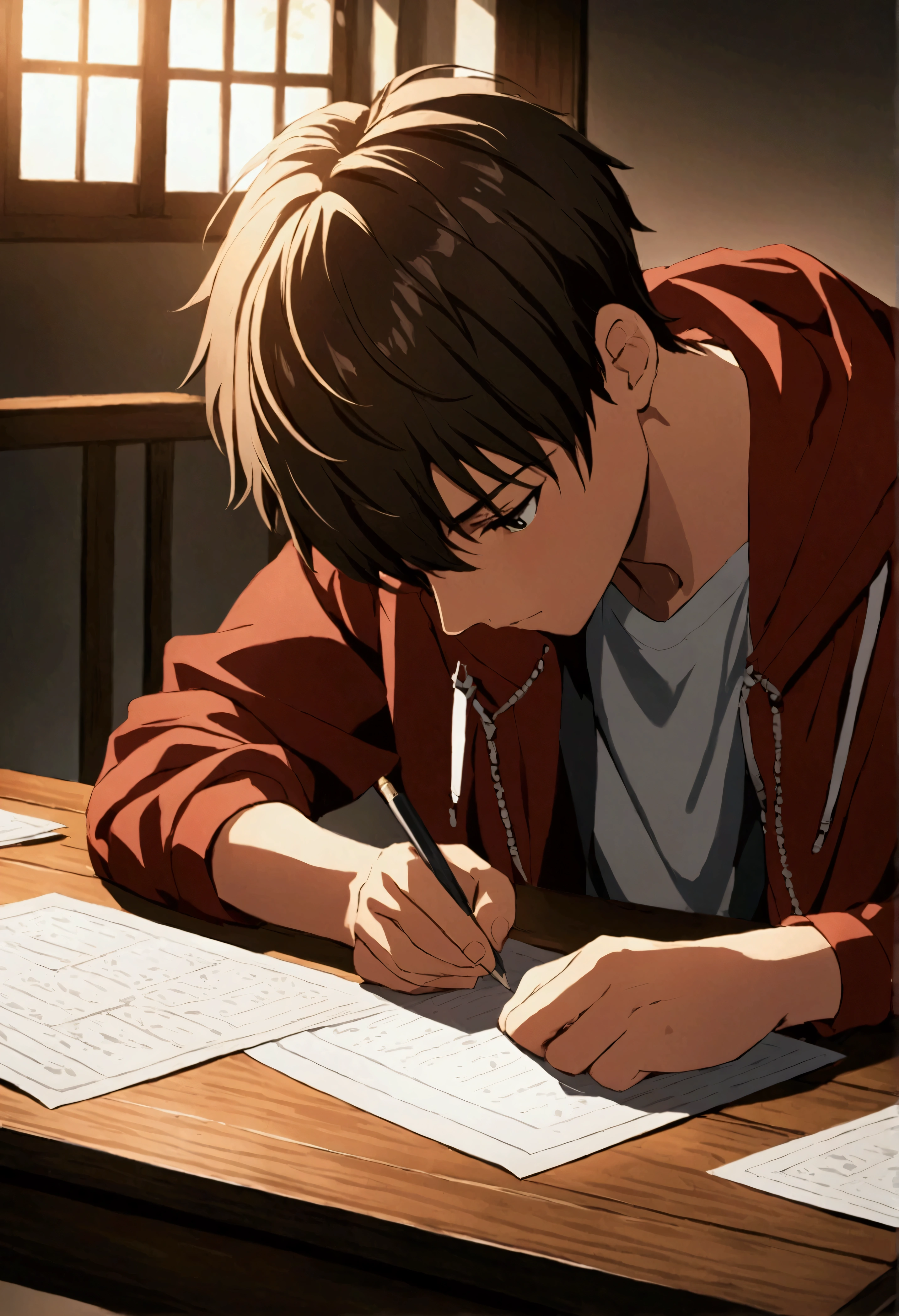 The ager boy writing something on the table on his paper. Face looks down. Anime appearance. Taken from upside.