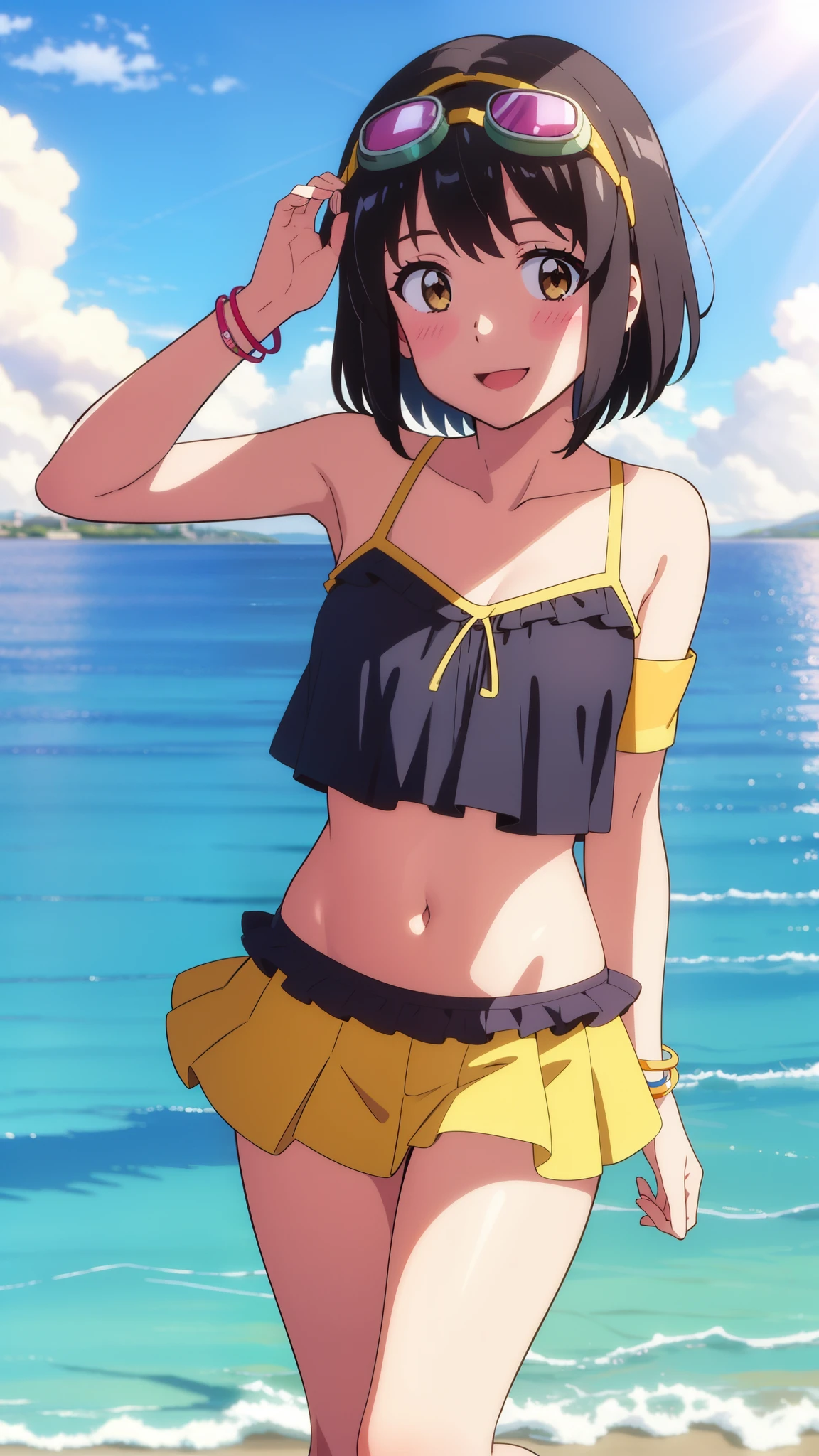 shinkai makoto, kimi no na wa., 1girl, bangs, black hair, blush, brown eyes, looking at the viewer, frilly swimsuit, short hair, solo, shinny skin, smile, cute, open mouth, hair ornaments, armband, bracelet, navel, goggles on head, yellow short skirt, outdoors, cloudy, sunlight, beach background, (masterpiece), best quality