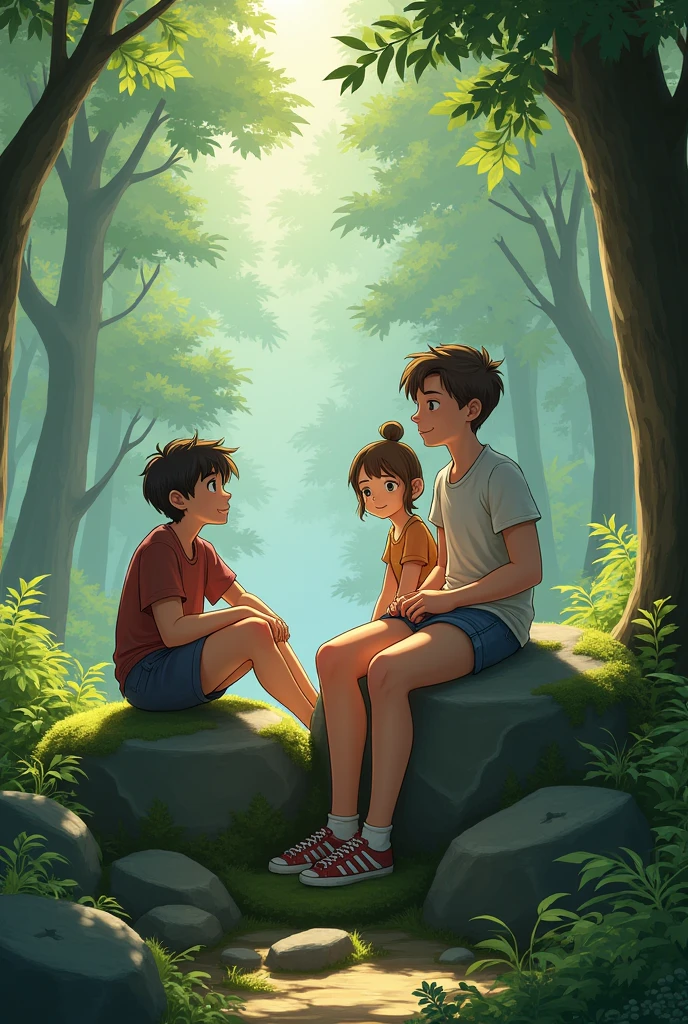 A teenage girl sitting on a rock in a forest and two teenage boys beside her