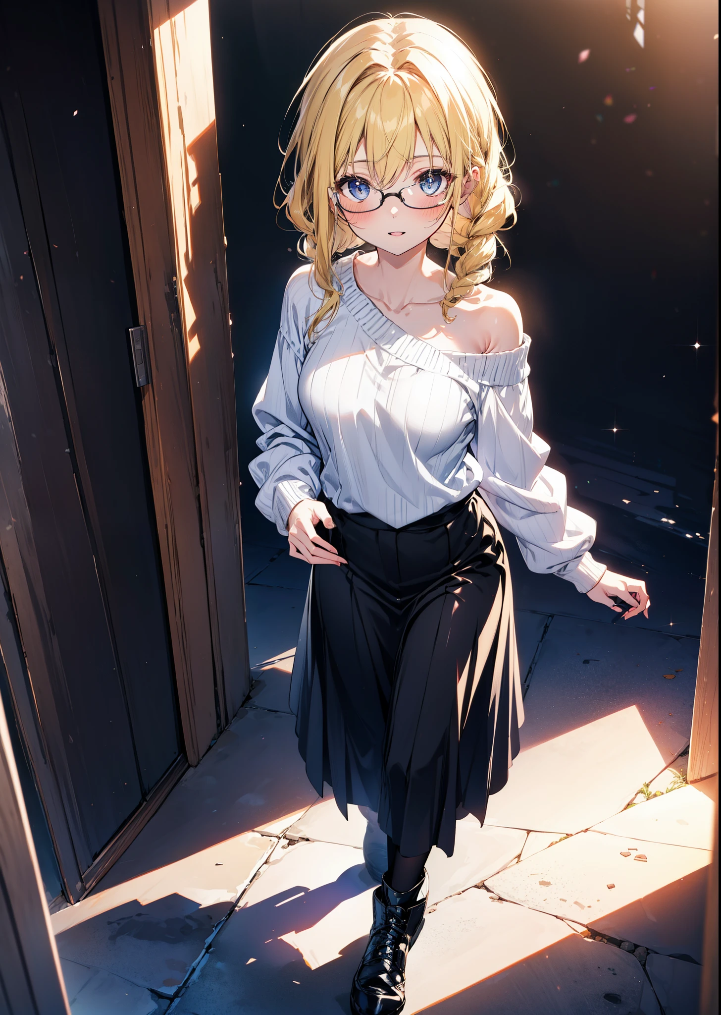 Alicesburg, Alice Zuberg, bangs, blue eyes, Blonde, Hair between the eyes, hair band,smile,blush,Open your mouth, Long braids,Glasses,One-shoulder sweater,Long skirt,Black pantyhose short boots,Walking,Daytime,Clear skies,whole bodyがイラストに入るように,
break outdoors ,Building district,
break looking at viewer, whole body,
break (masterpiece:1.2), Highest quality, High resolution, unity 8k wallpaper, (figure:0.8), (Beautiful attention to detail:1.6), Highly detailed face, Perfect lighting, Highly detailed CG, (Perfect hands, Perfect Anatomy),