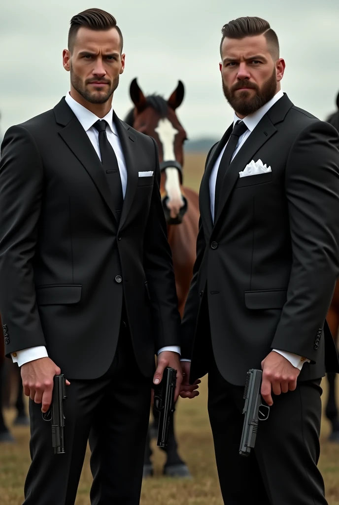 Make a realistic photo in which two friends with small beard holding guns in hands and. One friend is fit and second is a bulky and muscle in body make them straight facing with a back view of horses and in a professional black suit . With short hair