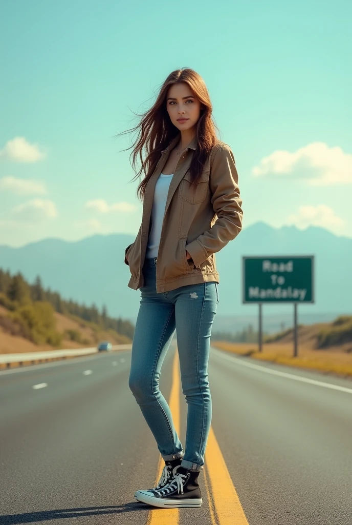 photo, realistic , masterpiece, best quality, ultra detailed, 1 girl, brown hair, jacket, jean pants and converse boots, high way road, there is a sign board that says " Road to Mandalay ", sunny day