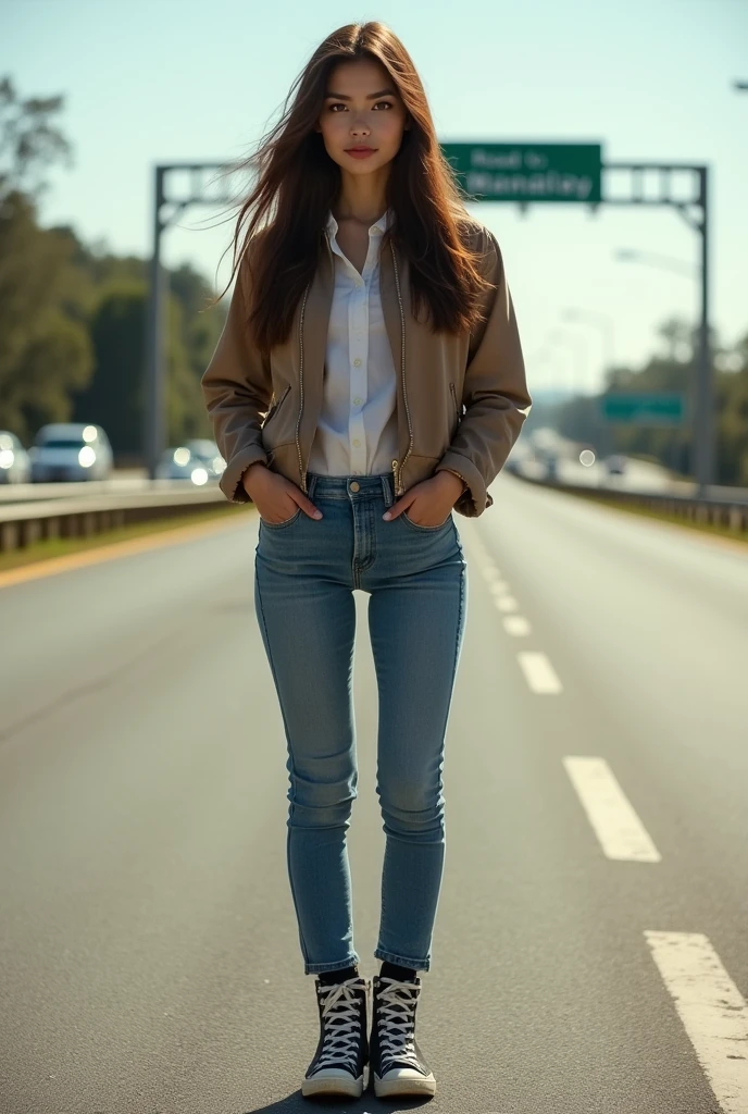 photo, realistic , masterpiece, best quality, ultra detailed, 1 girl, brown hair, jacket, jean pants and converse boots, high way road, there is a sign board that says " Road to Mandalay ", sunny day
