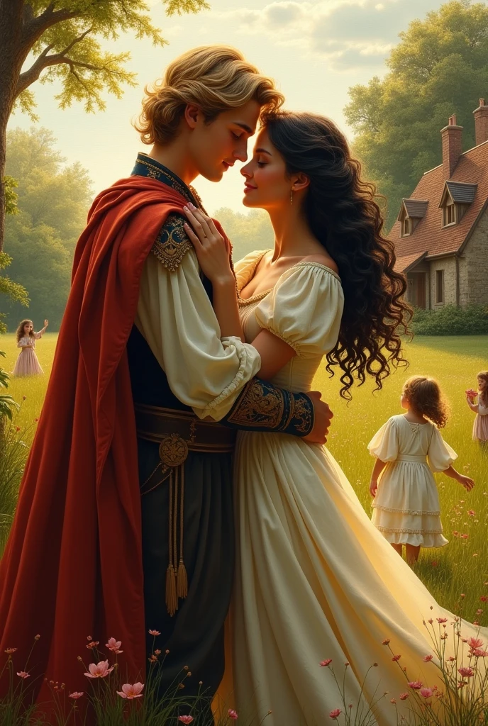 Renaissance painting of a dark-haired princess with long, curly hair and a yellow-haired prince, hugging in a field, bright sun creates a beautiful mood, several children around you, in the background a small comfortable stone house , smoke comes out of your chimney