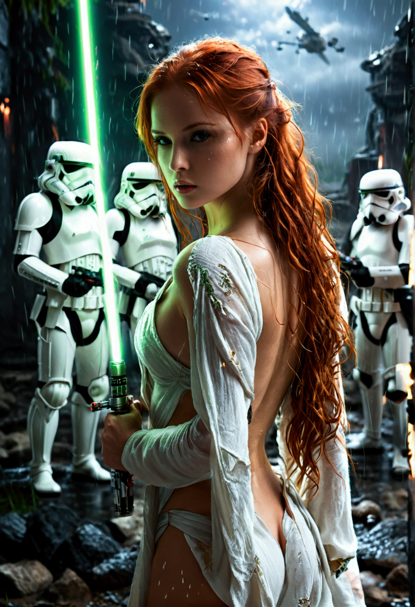 (full body shot:1) photorealistic image of a (standing pose:1) woman, ultrarealistic, photography, long red hair, woman, 24 years old, hourglass figure, perfect body, seductive look, natural medium breasts, blur background, in complete darkness, she is wearing a light jedi robe, she is holding a green lightsaber, the lightsaber is the only lightsource, on a dark destroyed space colony outside, it is raining, there is lightning in the background, she has her back to the camera, she is facing an army of stormtroopers, she looks into the camera, long sexy legs, wet clothes, wet hair