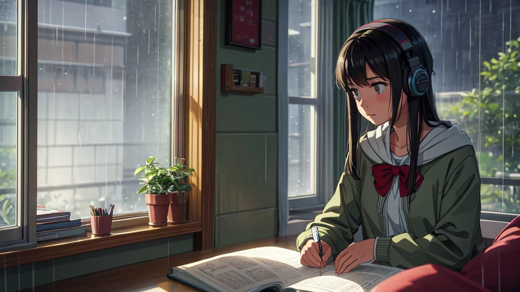 A young girl wearing headphones is sitting in a calm and cozy room near a window with raindrops gently hitting the glass. She's focused, reading a book or working on a notebook. The environment is dimly lit, creating a quiet and peaceful atmosphere. Rain is visible through the window, adding to the serene mood. She seems relaxed, deeply involved in their activity, surrounded by a warm and inviting lofi-style aesthetic