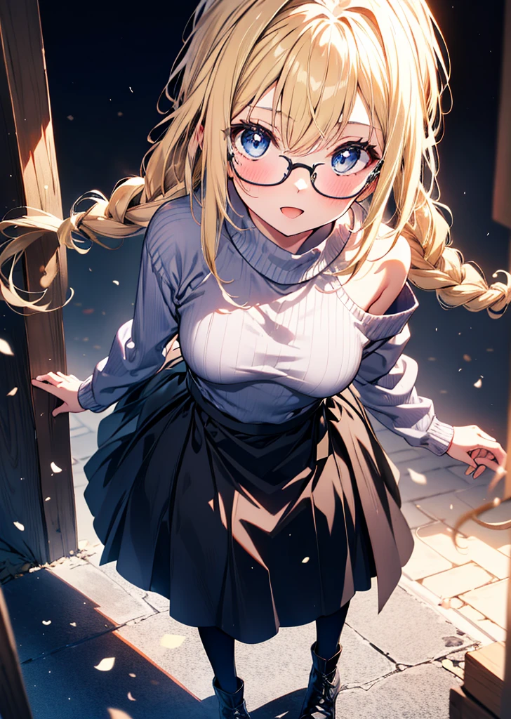 Alicesburg, Alice Zuberg, bangs, blue eyes, Blonde, Hair between the eyes, hair band,smile,blush,Open your mouth, Long braids,Glasses,One-shoulder sweater,Long skirt,Black pantyhose short boots,Walking,Daytime,Clear skies,whole bodyがイラストに入るように,
break outdoors ,Building district,
break looking at viewer, whole body,
break (masterpiece:1.2), Highest quality, High resolution, unity 8k wallpaper, (figure:0.8), (Beautiful attention to detail:1.6), Highly detailed face, Perfect lighting, Highly detailed CG, (Perfect hands, Perfect Anatomy),